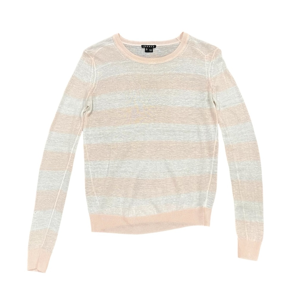 Theory Women’s Yulia Linen Blend Crewneck Sweater Peony Pink/White Stripe Size P
